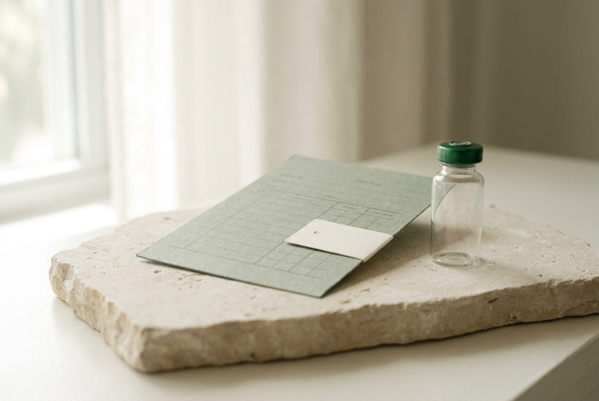 A celadon pricing card and a small glass vial on a limestone surface