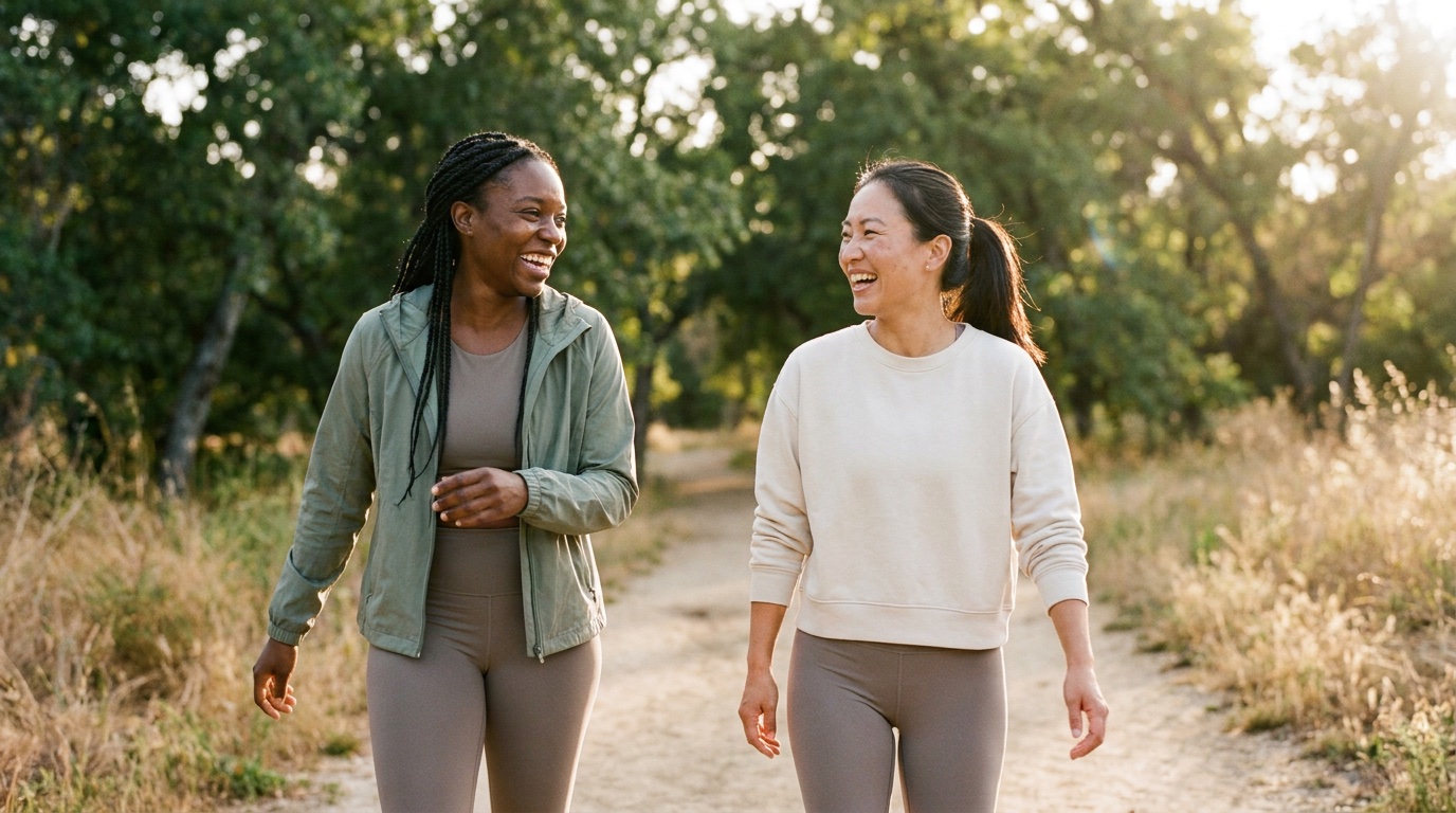 Two friends walking briskly and laughing together on a sunlit park trail
